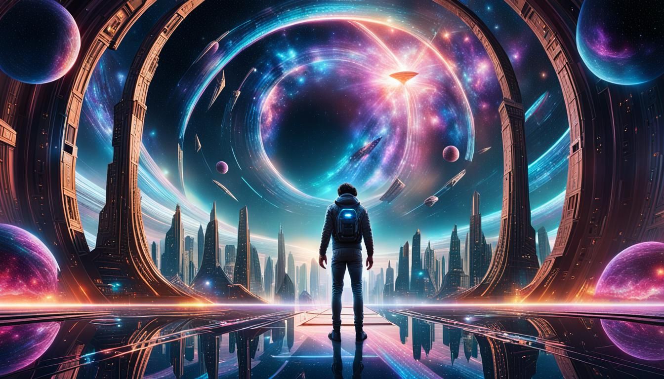 Surreal Cosmic Cityscape with Galactic Portals