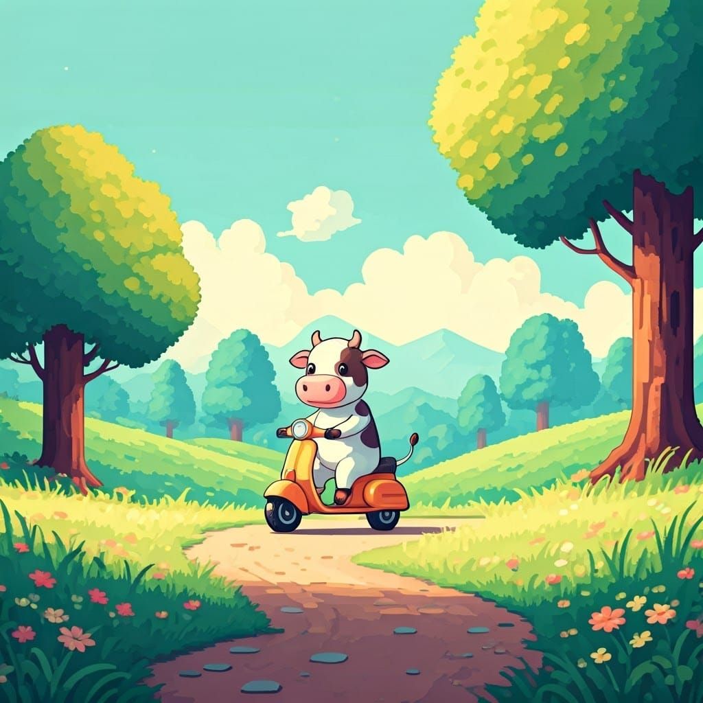 Charming Pastel Cow Cruises on Retro Scooter