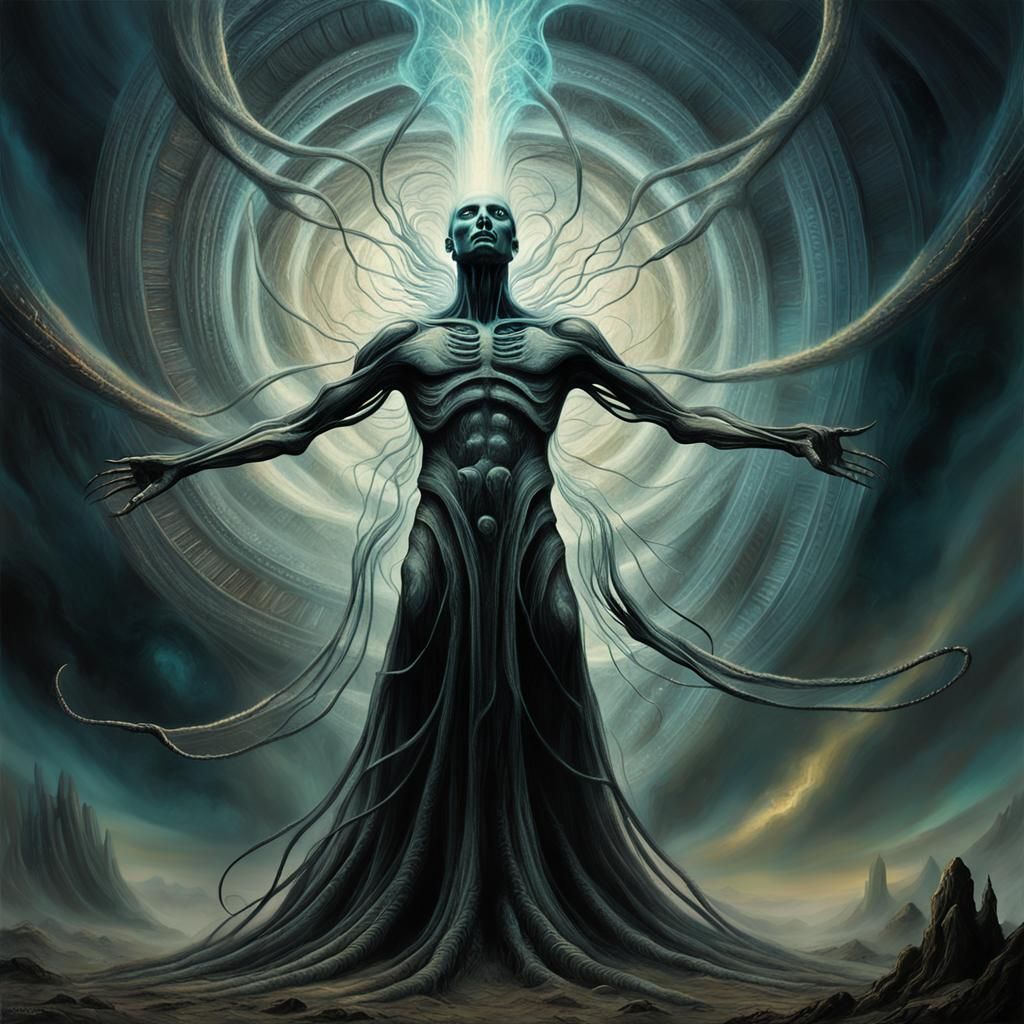 Ethereal Energy Surrounds Humanoid Figure in Dark Fantasy