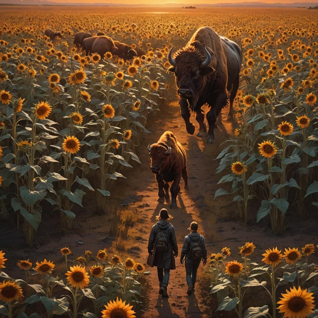 Sunset Sunflower Field with Bison in Sci-Fi Style