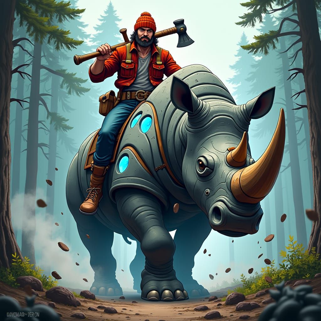 lumberjack riding a rhino