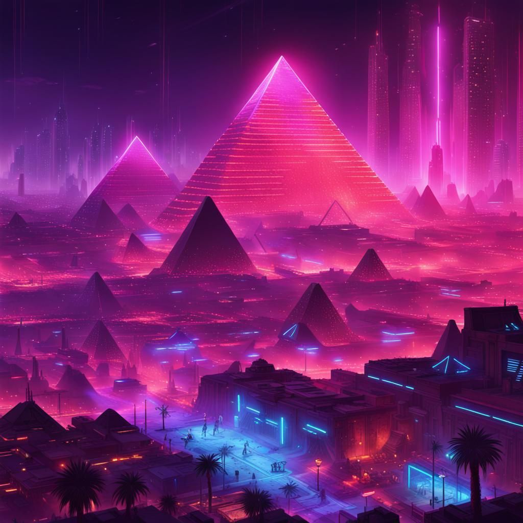 Cyberpunk Pyramids of Egypt with Neon Lights