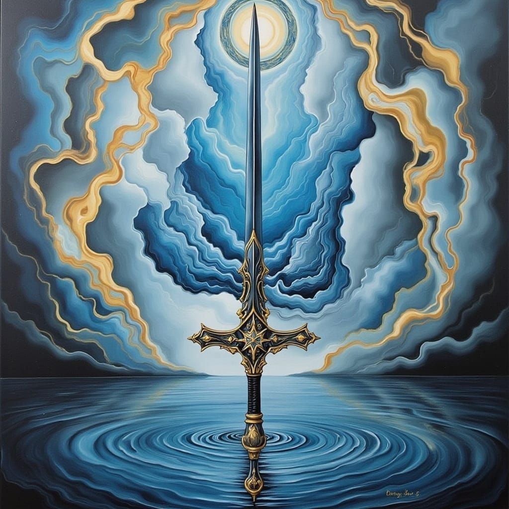 Ethereal Water Sword in a Dreamlike Toulouse-Lautrec World