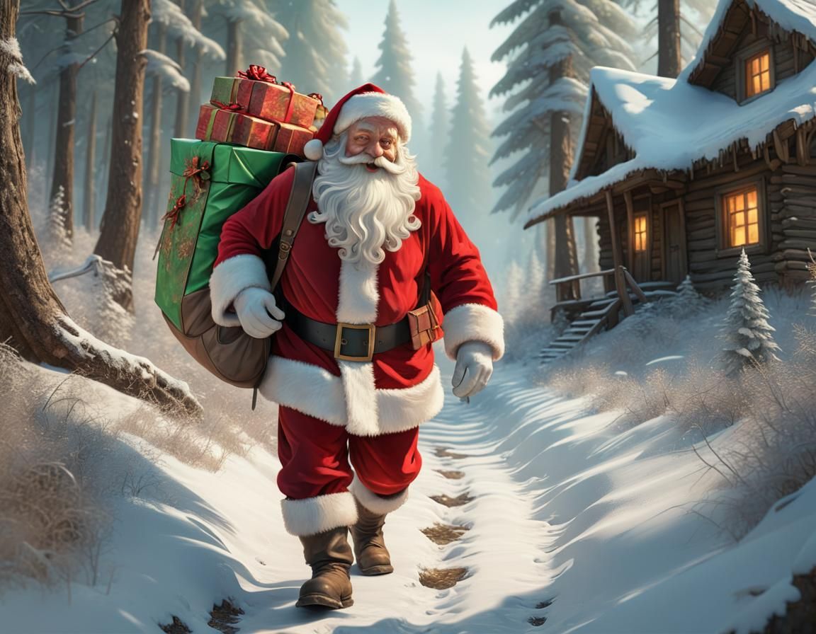 Kind Santa Claus Walks Forest Path: Matte Painting