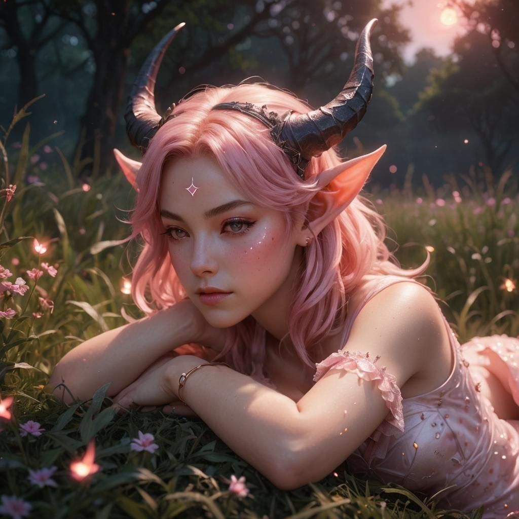 Pink Tiefling in Pixie Field: 3D Anime Art