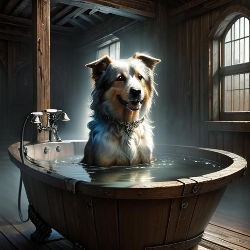 Unhappy Dog in Bath: Hyperrealistic Digital Art