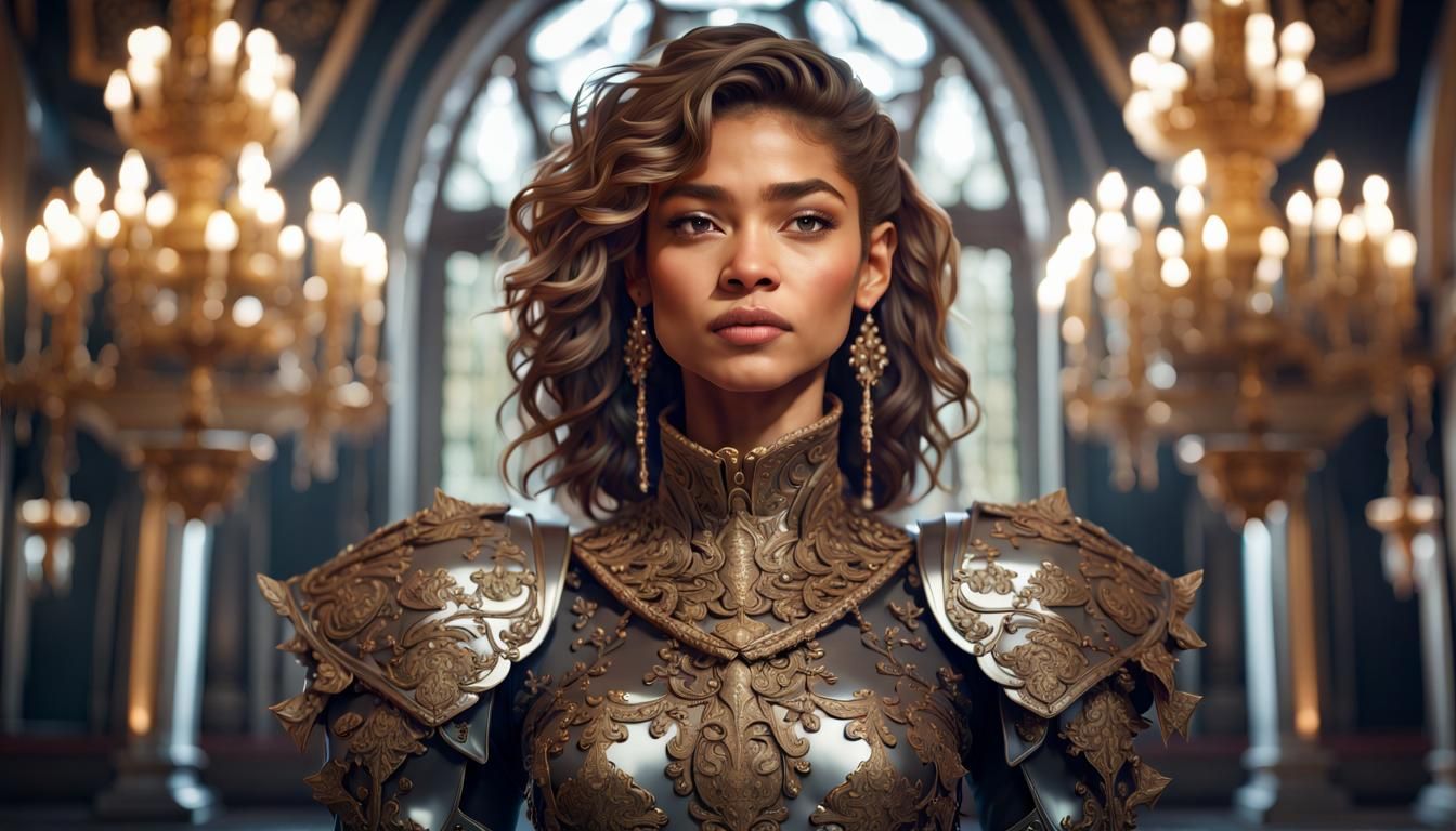 Zendaya in Baroque Armour: Hyperdetailed Portrait