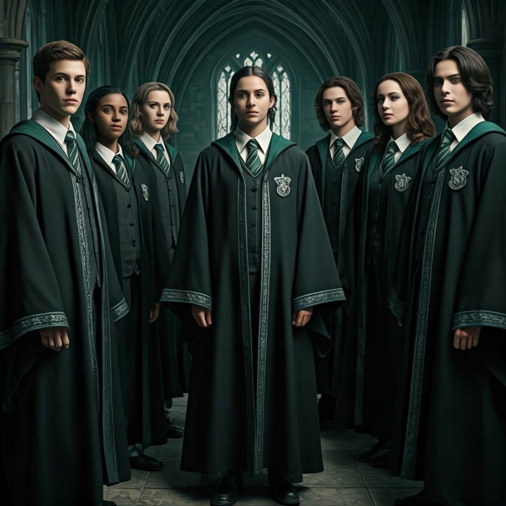 Slytherin Students in Hogwarts Corridor with Cinematic Light...