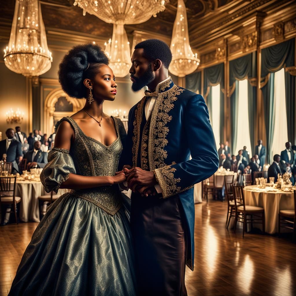 African American Couple in 17th Century Ballroom, Hyperreali...