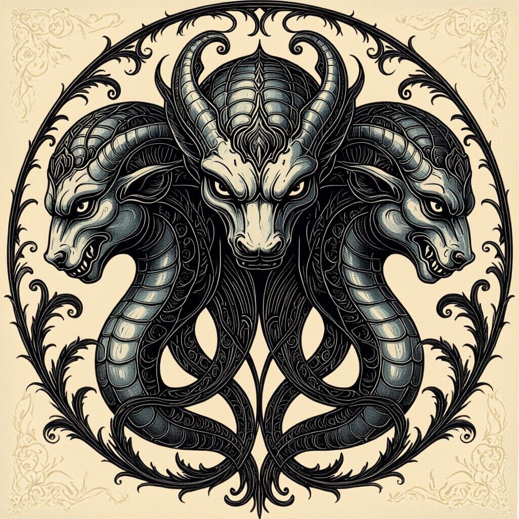 Majestic Hydra in Gothic Engraving Style