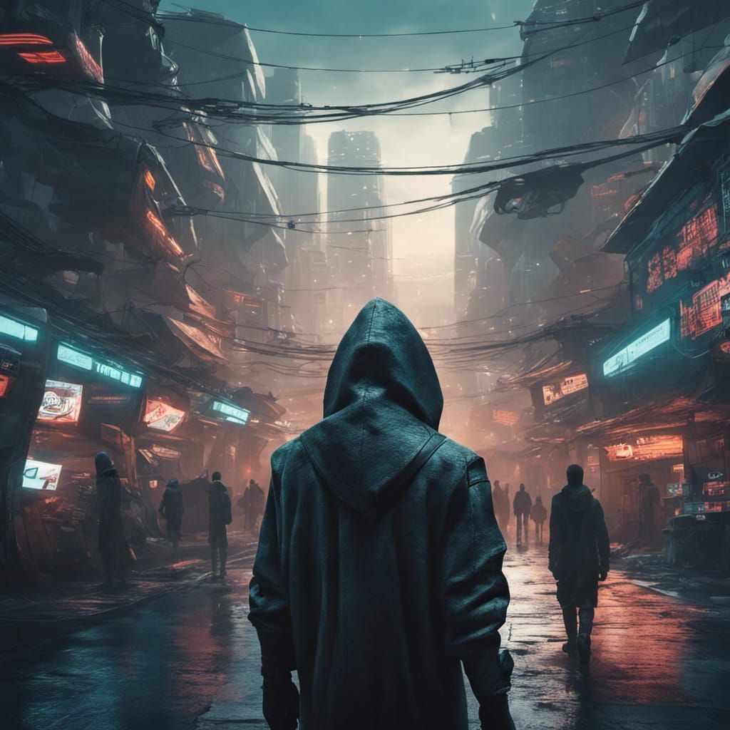 Alien in Cyberpunk Marketplace on Futuristic Planet