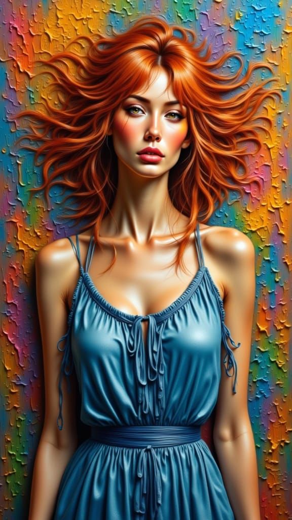 Woman in Blue Dress Before Vibrant Abstract Art