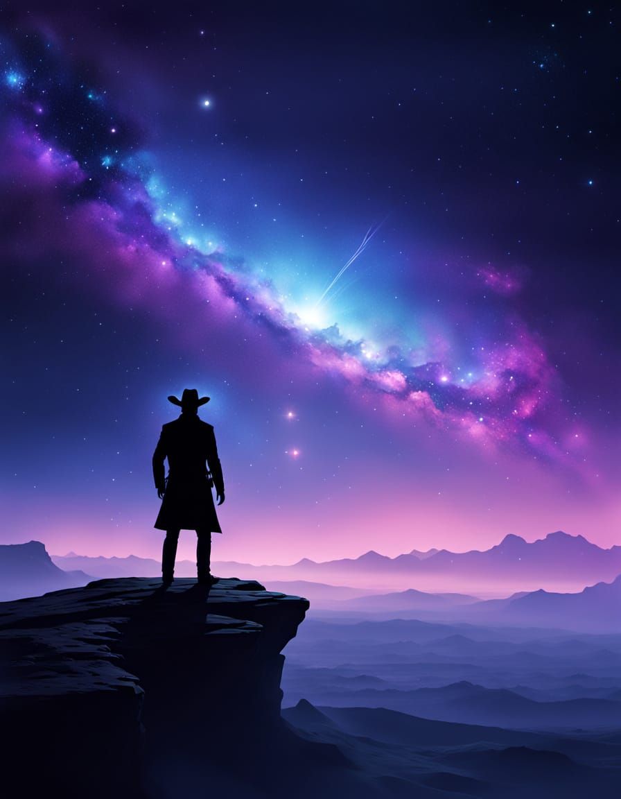 Lone Cowboy in Cosmic Western Landscape