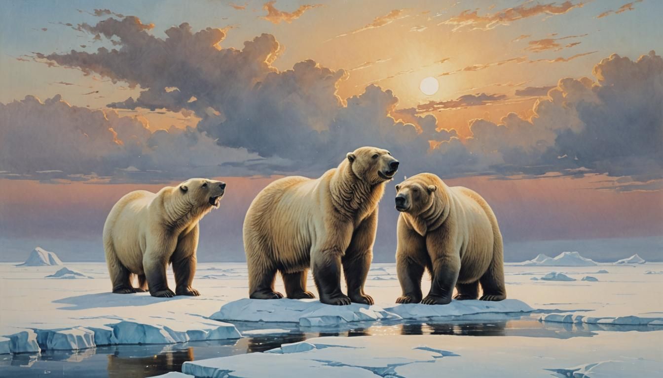 Polar Bear and Walrus on Arctic Ice at Sunrise