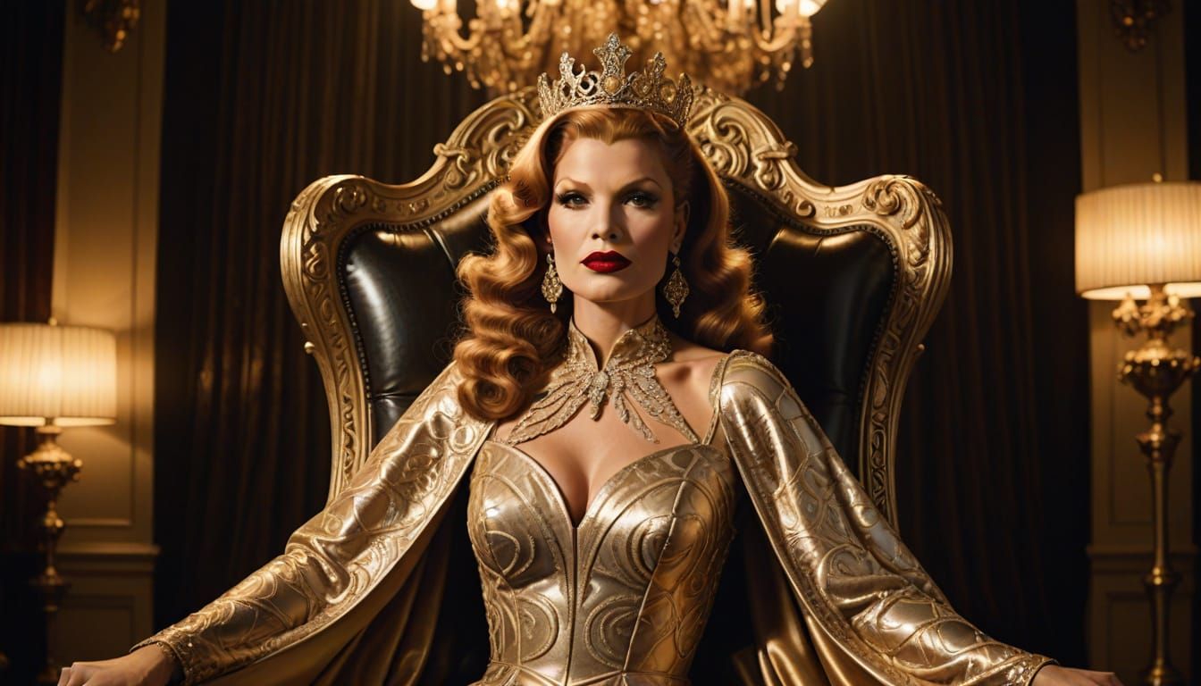 Regal Rita Hayworth in Shimmering Gold Latex Cape and Royal ...