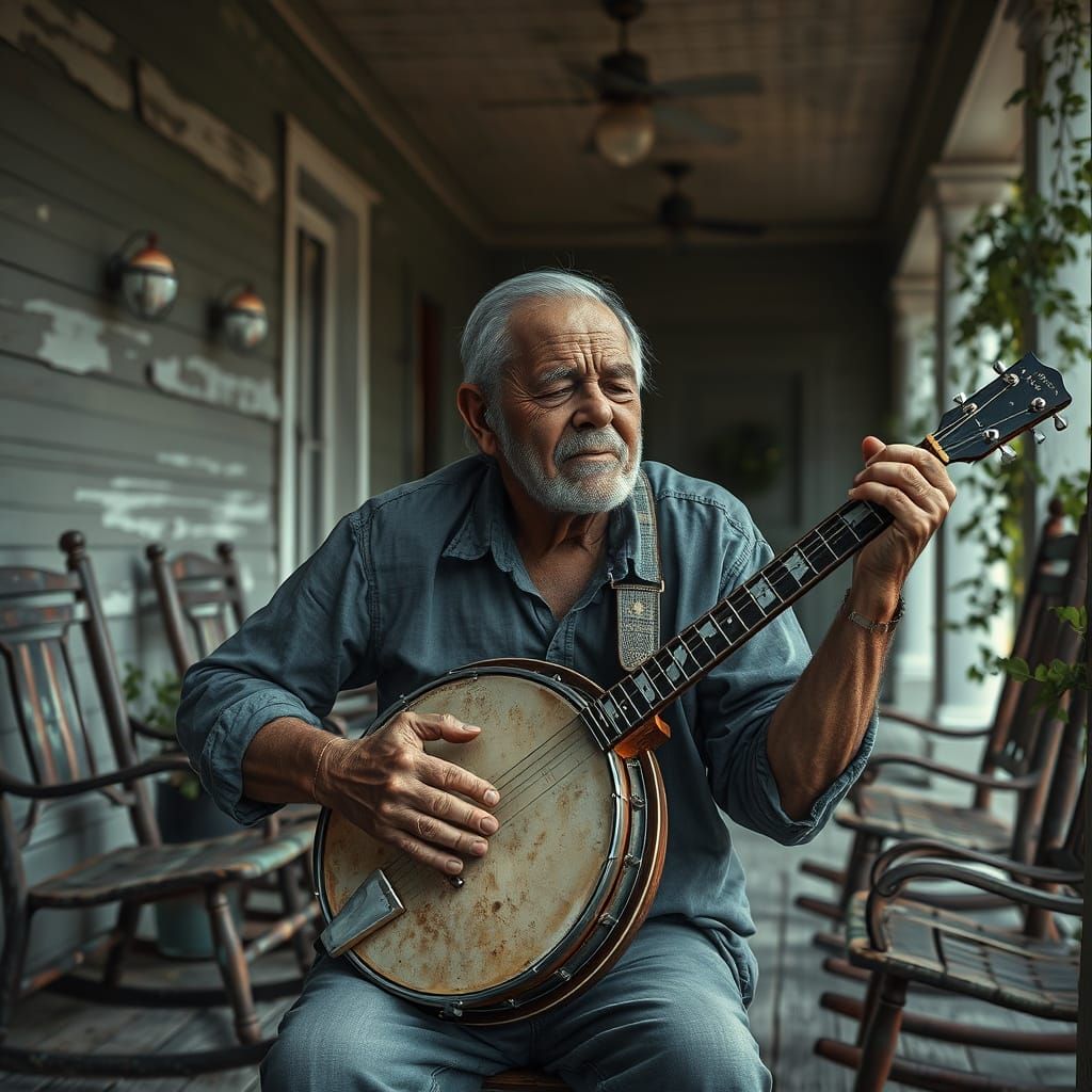 Hyperrealistic Portrait: Elderly Banjo Player on Dimly Lit P...