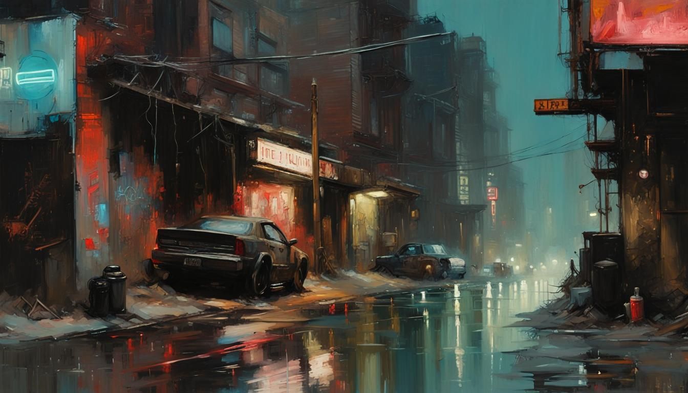 Cyberpunk Backstreet Oil Painting with Neon Signs