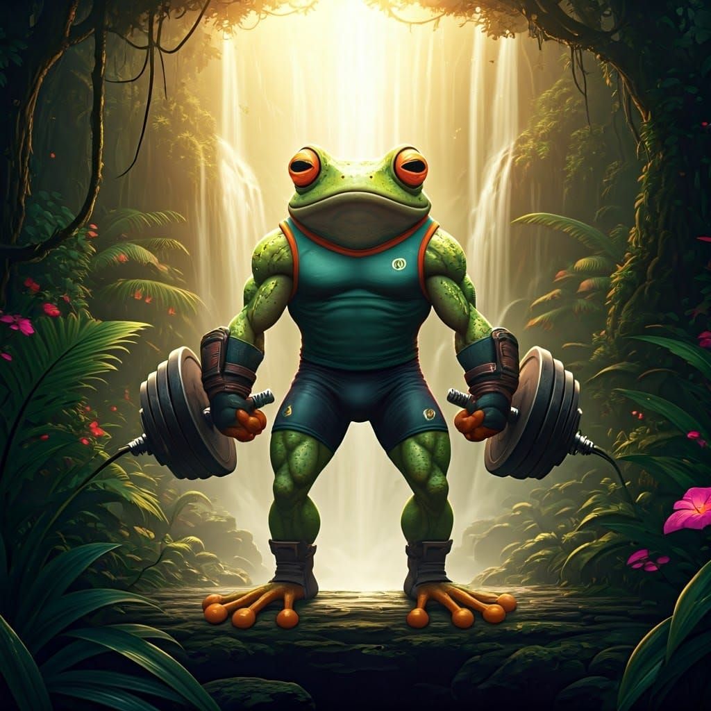 Heroic Frog Weightlifter in Lush Jungle