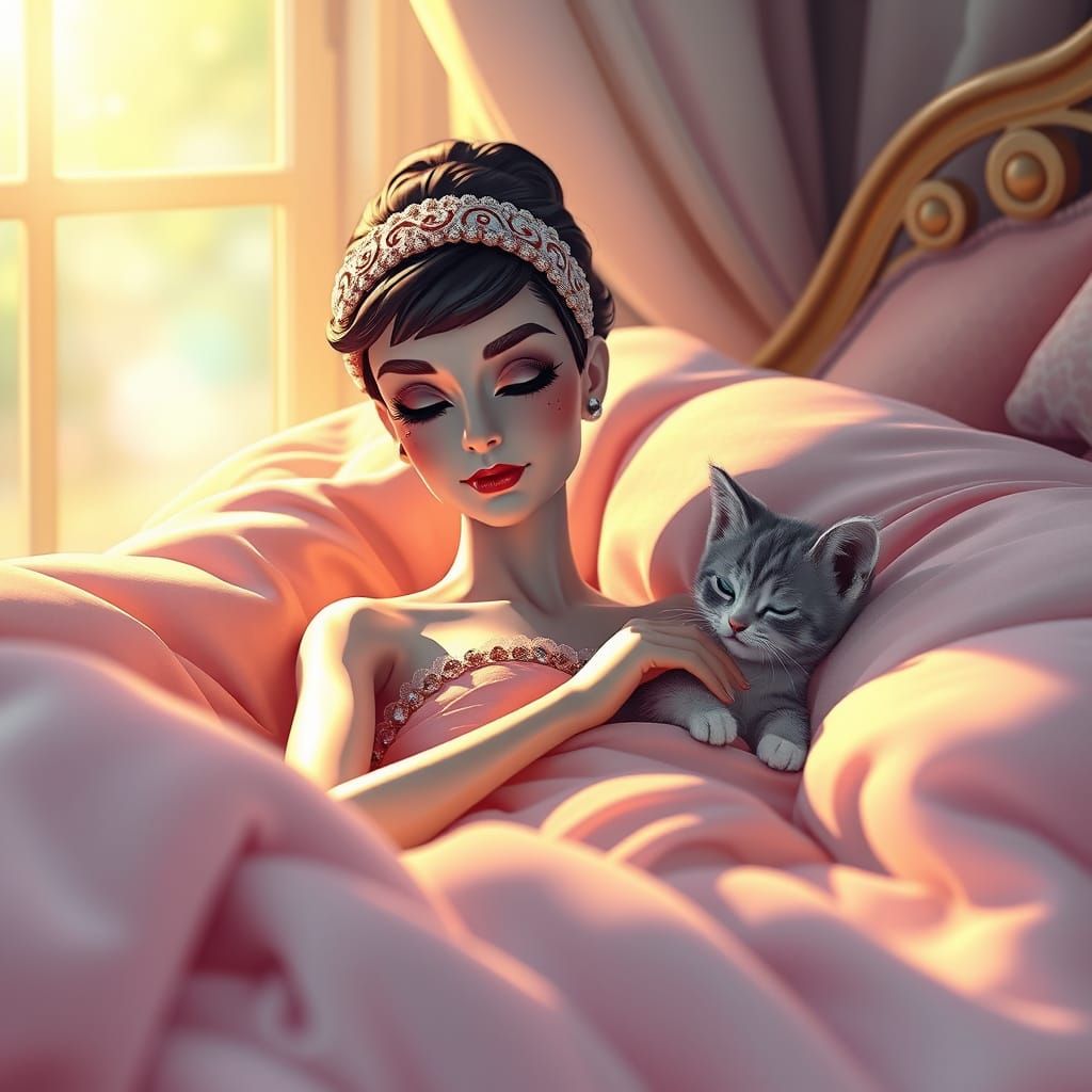 Ethereal Audrey Hepburn, a Porcelain Doll, Waking in a Whims...