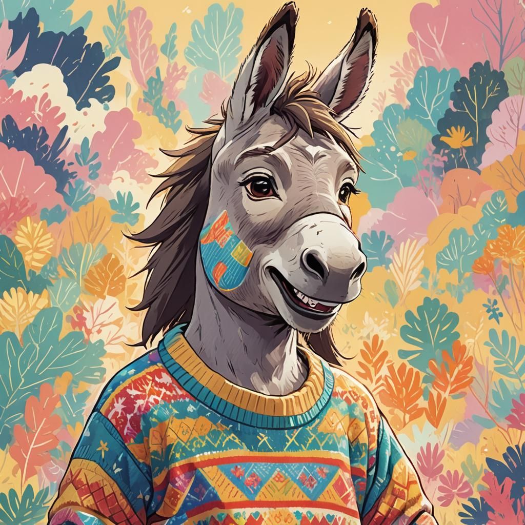 Anime Donkey Character in Sweater, Digital Art