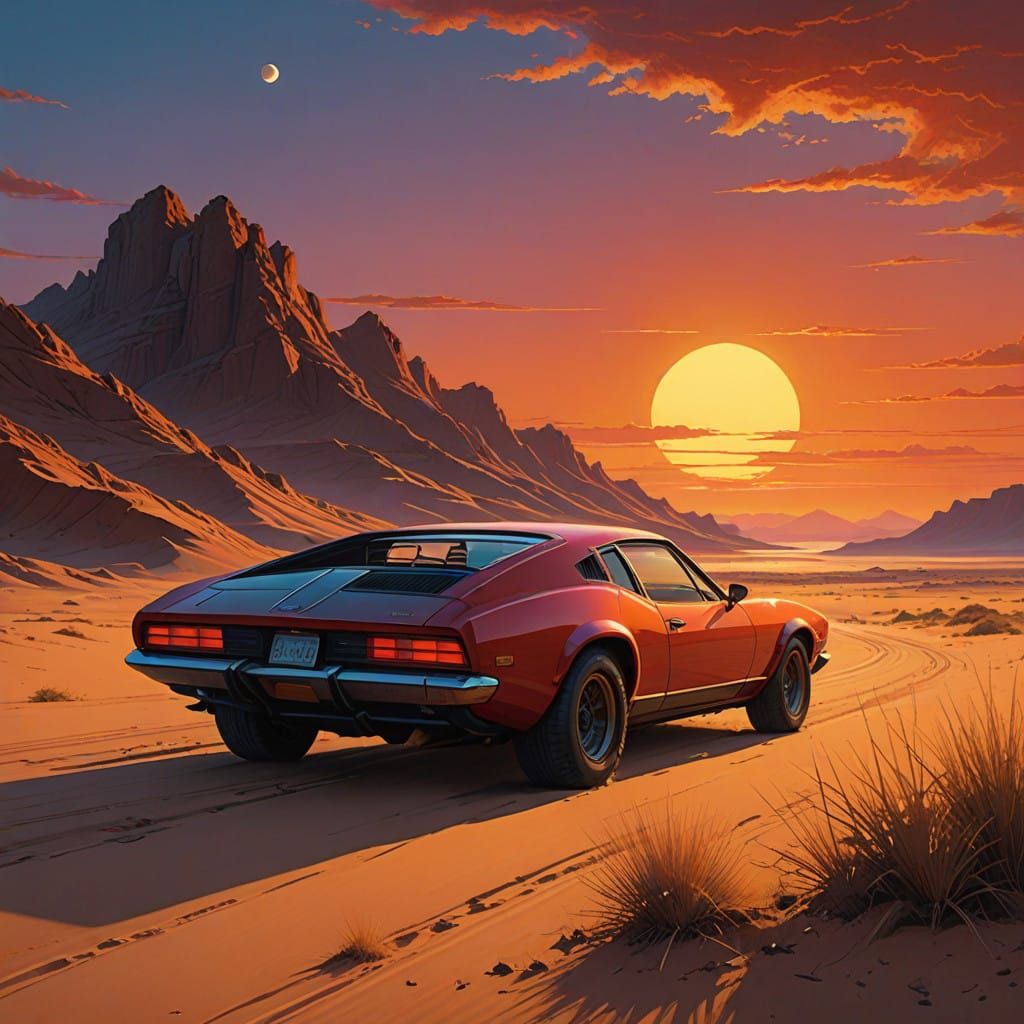 Mystical Desert Scene with Golden Book and Sunset