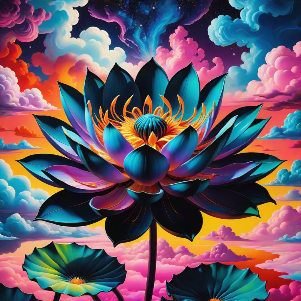 Cosmic Black Lotus Bloom in Vibrant Oil Colors