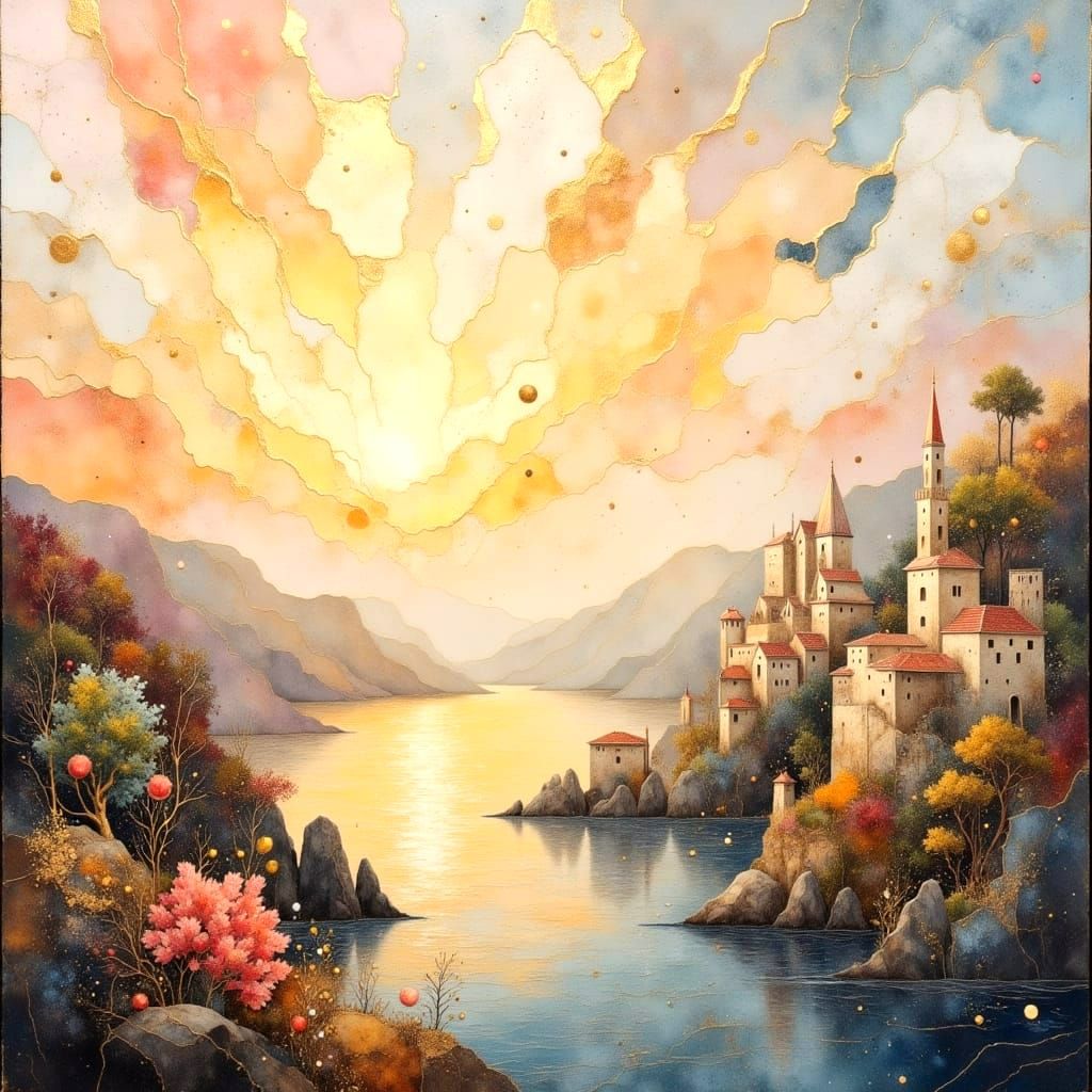Illuminated Peaceful Landscapes in White, Peach, and Gold
