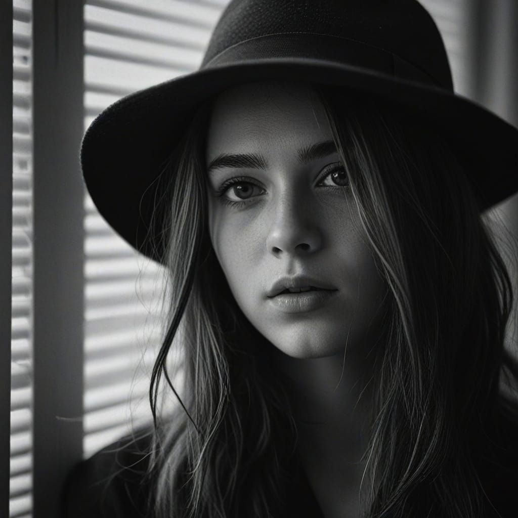 Moody Black and White Portrait of a Girl in a Hat