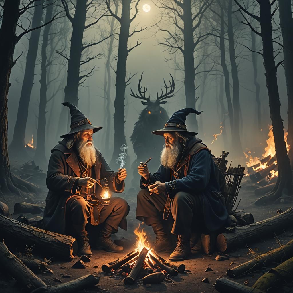 Wizards Share a Pipe by Campfire at Night