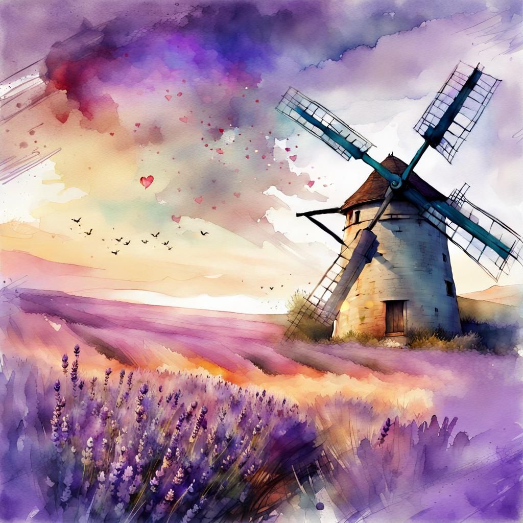 Lavender Field at Sunset: Digital Watercolor Art