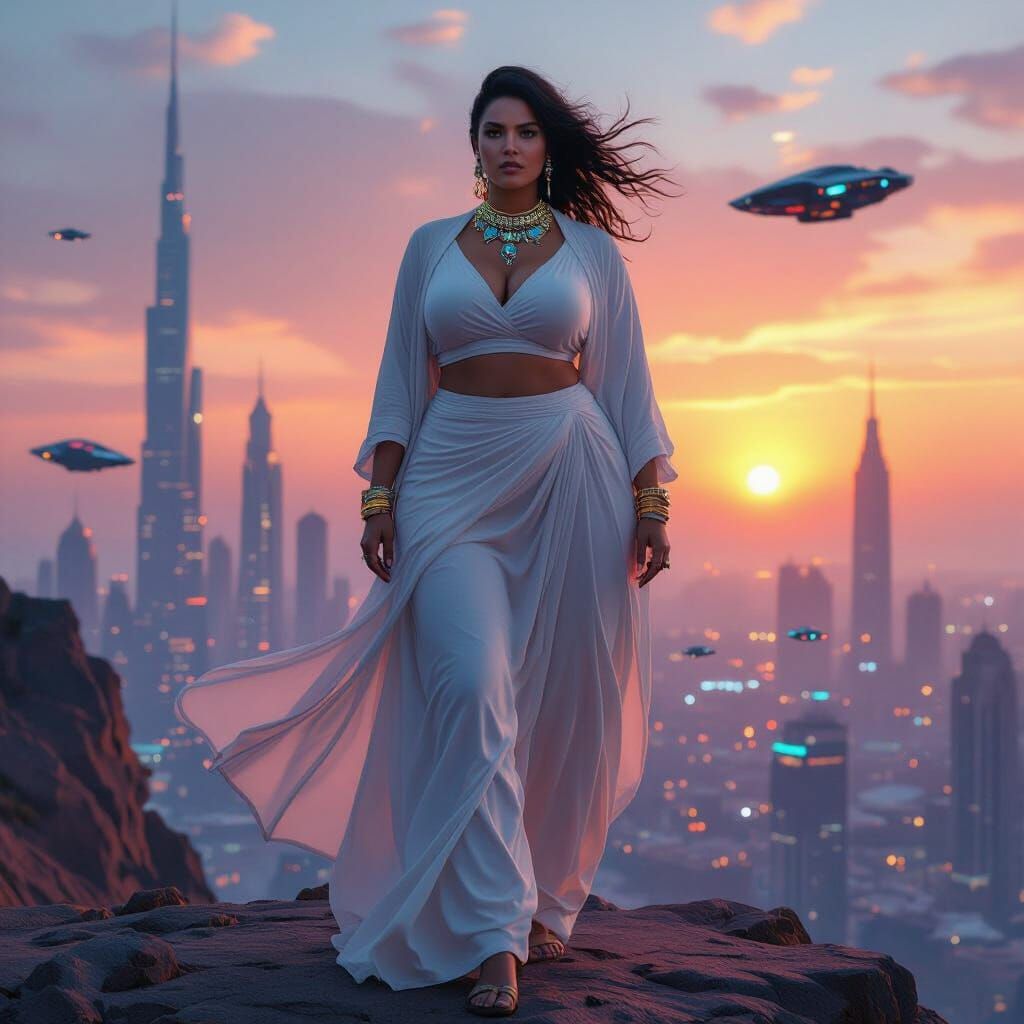 Cyberpunk Athlete Overlooking Futuristic Cityscape