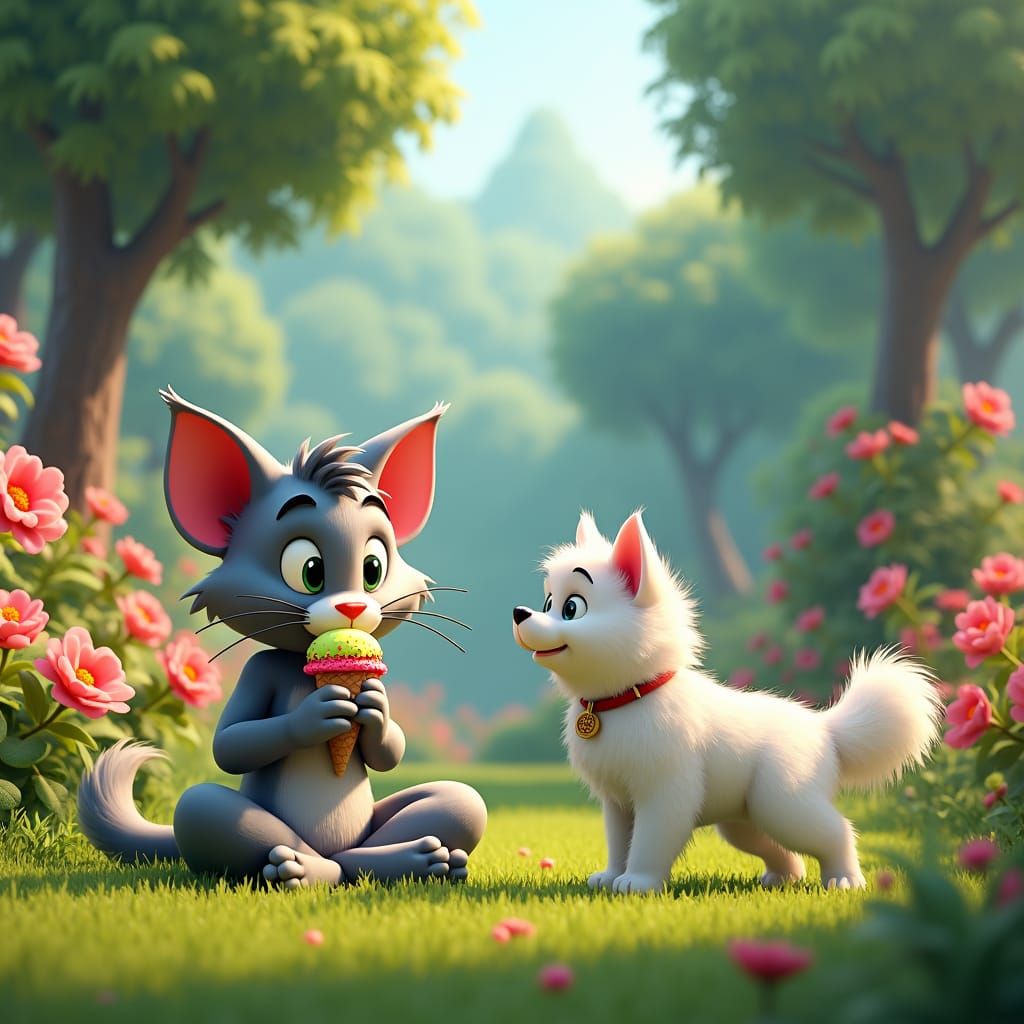 Boy with Dog in Garden, Matte Painting Style