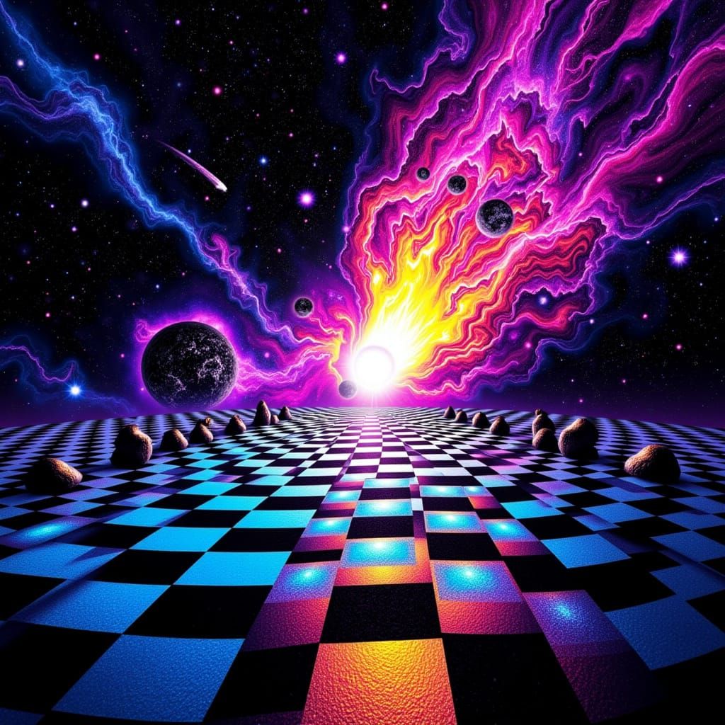Psychedelic Laser Chessboard on Meteor in Deep Space