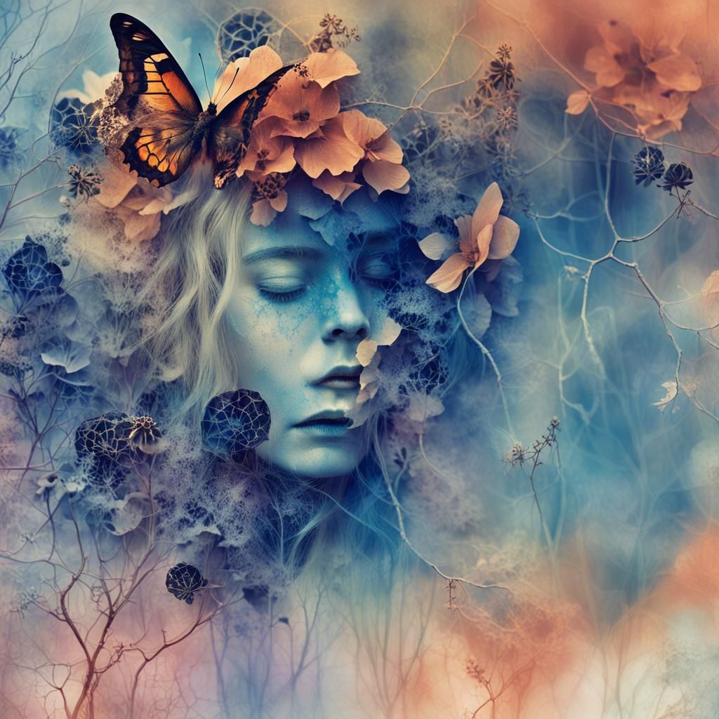 Surreal Woman with Butterfly in Decaying Garden