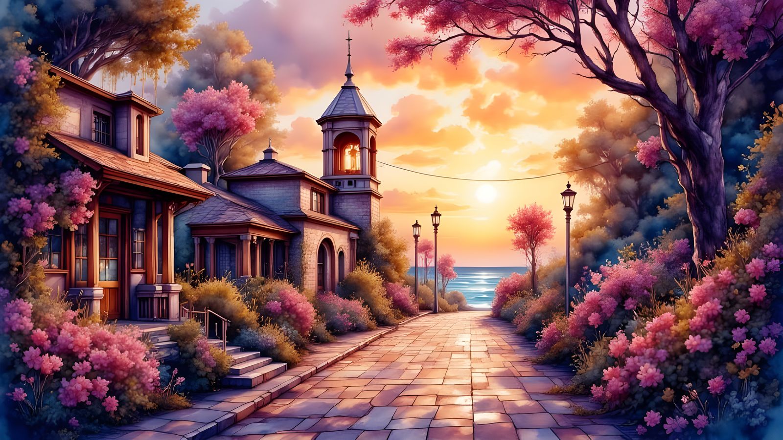 Sunset Cityscape with Blooming Bushland and Ocean