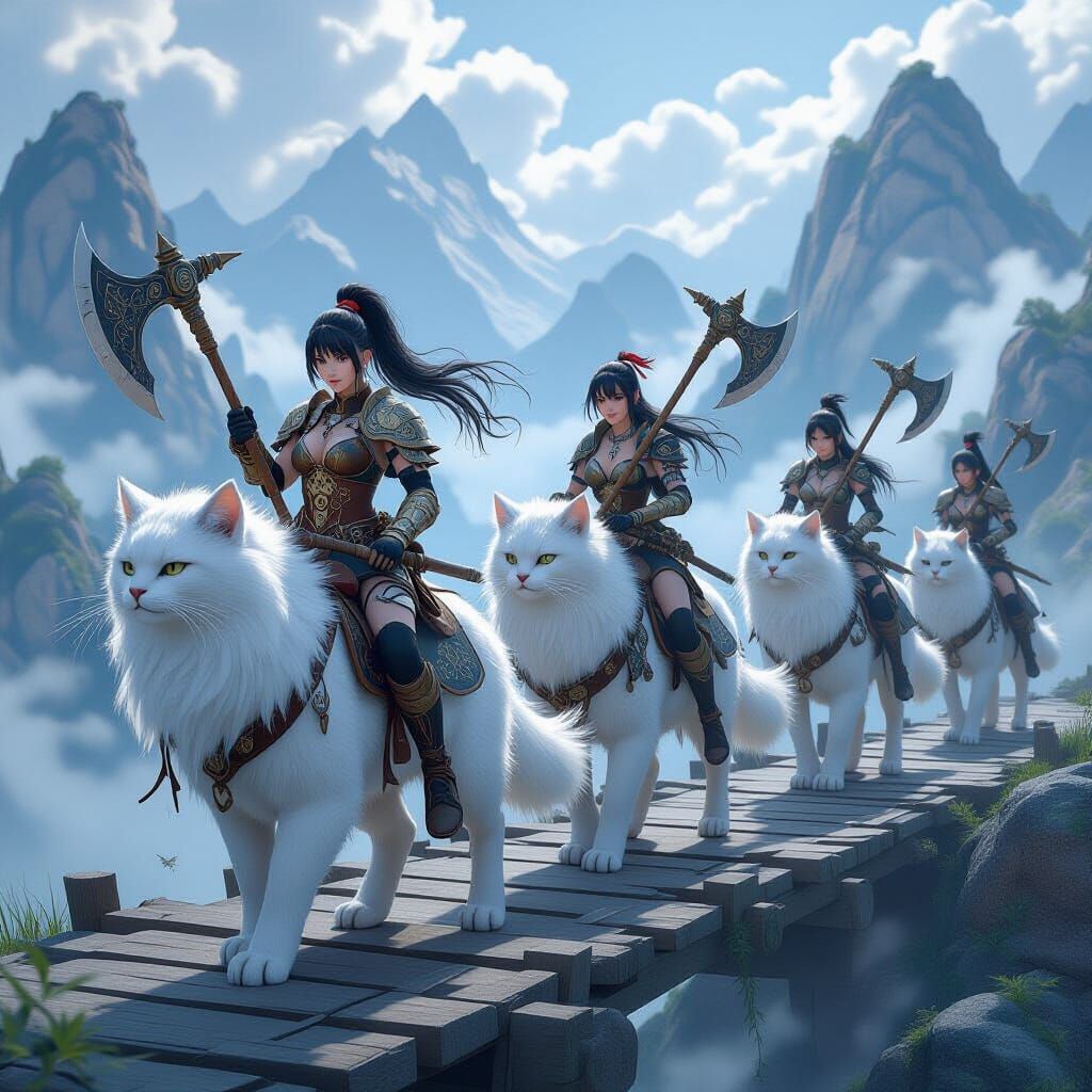 Troll Warriors Ride Cats on Misty Mountains in Anime Art