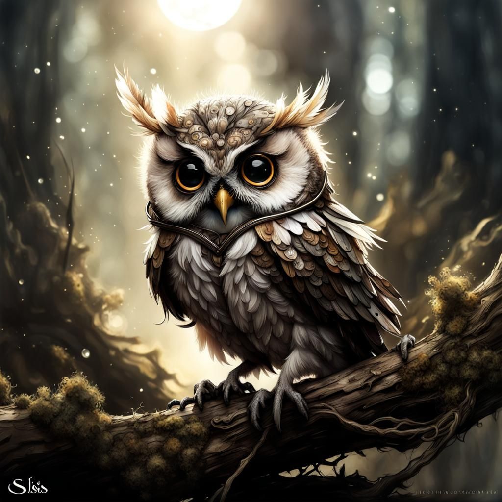 Magical Baby Owl Portrait in Dark Fantasy Style