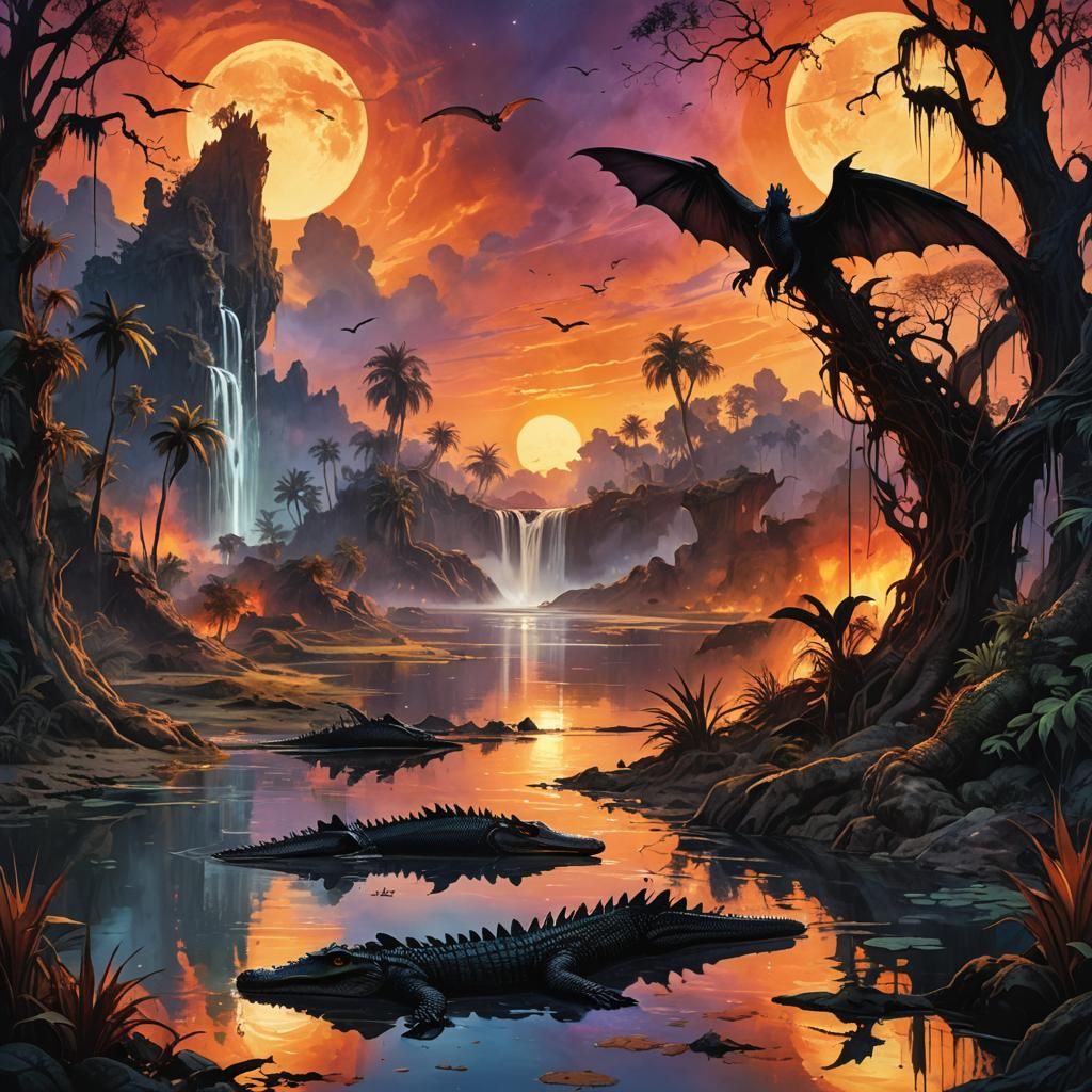 Watercolor Devil Wings over Mystical Swampland