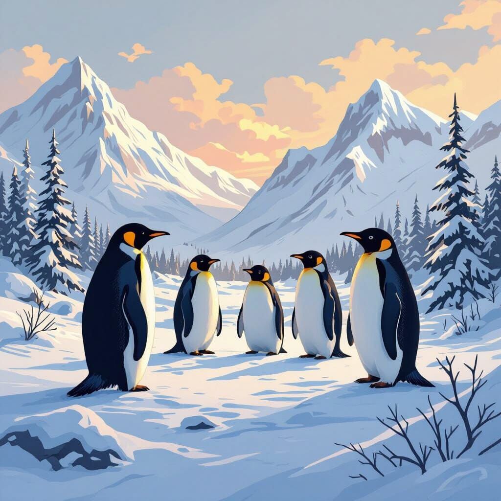 Penguins in Frozen Tundra Landscape Art