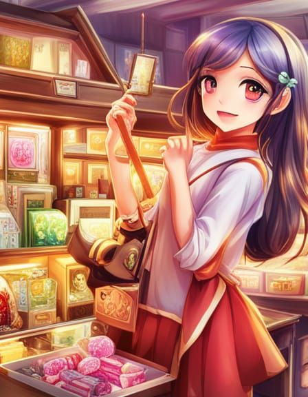 Vibrant Anime Girl Portrait in Fantasy Candy Store
