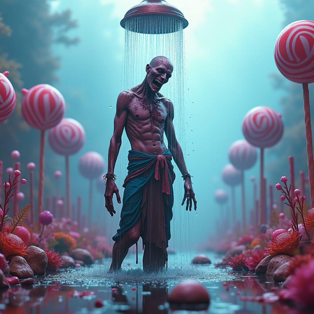 Zombie Showering in a Whimsical Candy World