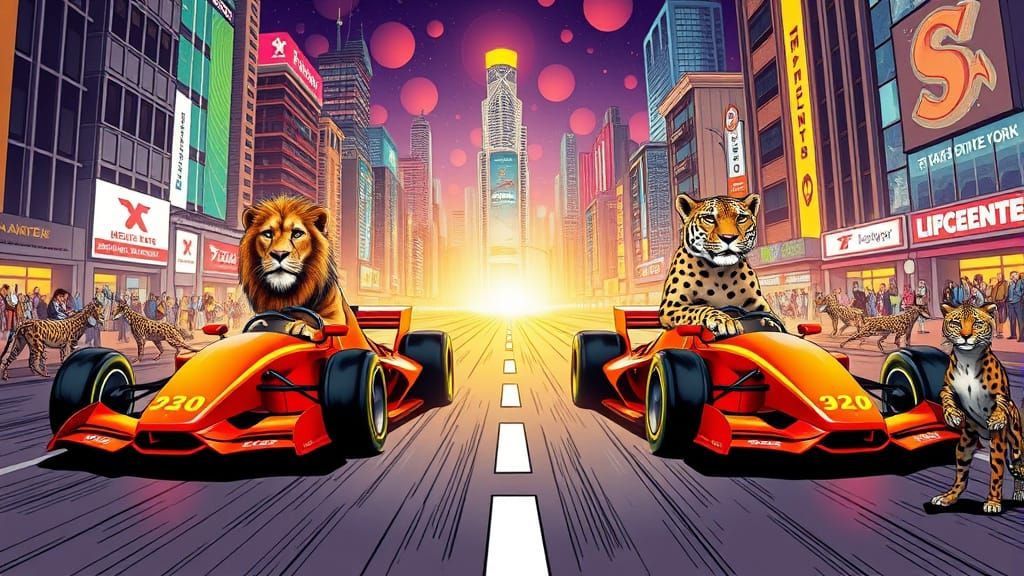 Lion vs Cheetah F1 Race in Futuristic City