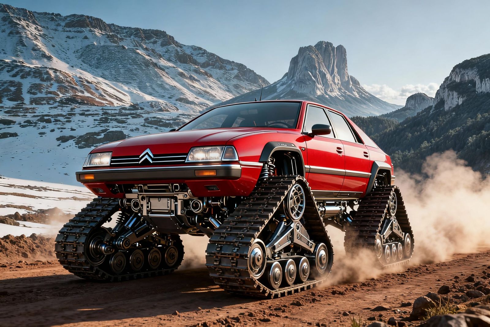 Red Citroën CX on Tracks in Sci-Fi Style