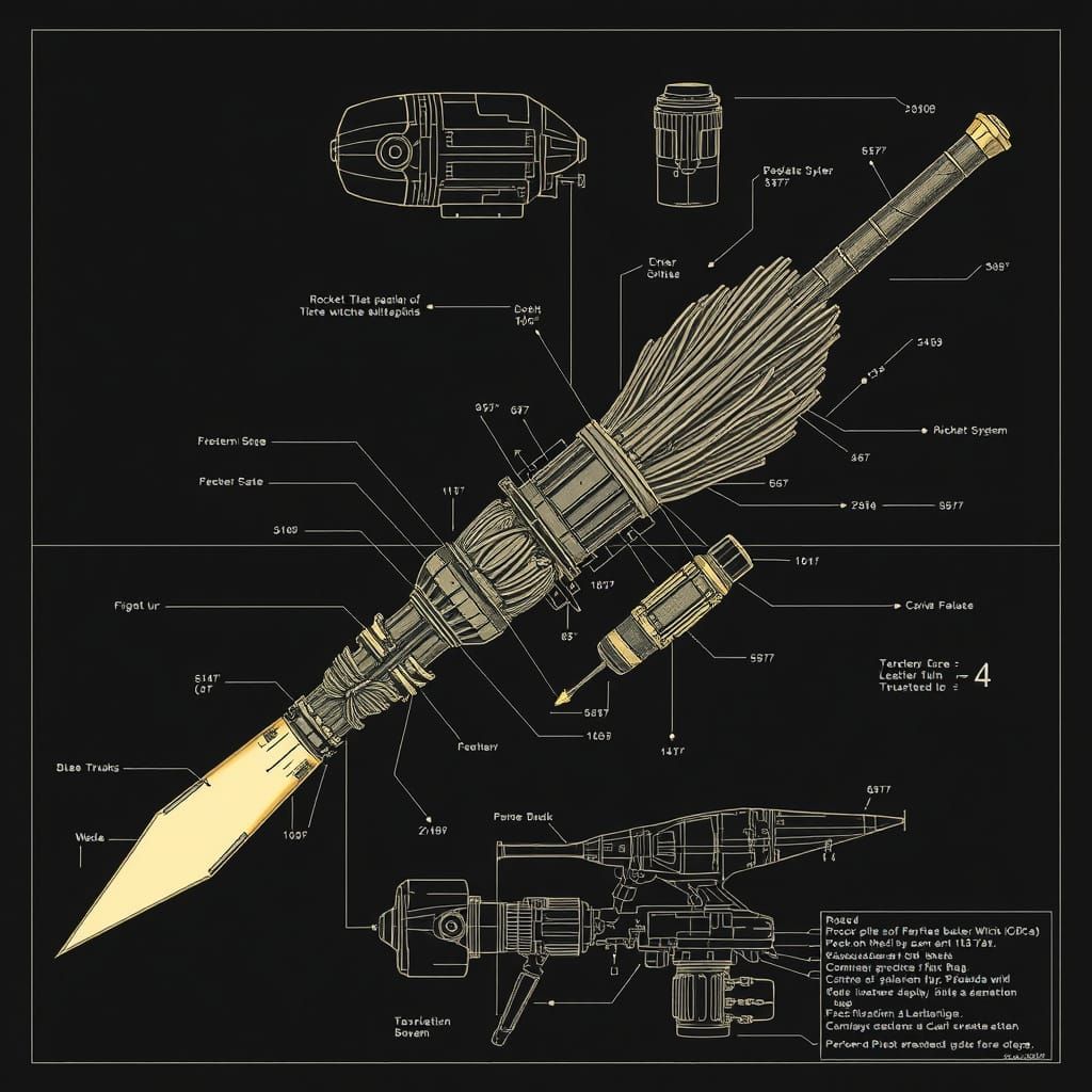 Rocket-Powered Witch's Broom Schematic in Hyperrealistic Sty...