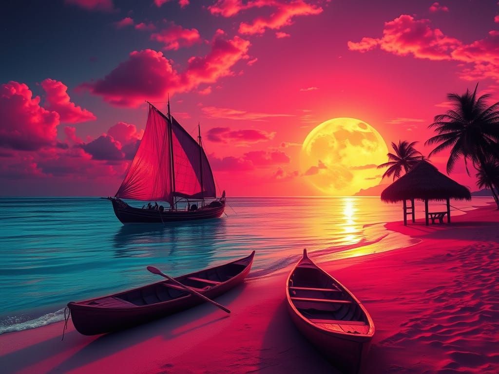 Synthwave Tropical Island Paradise at Dusk with Double Expos...