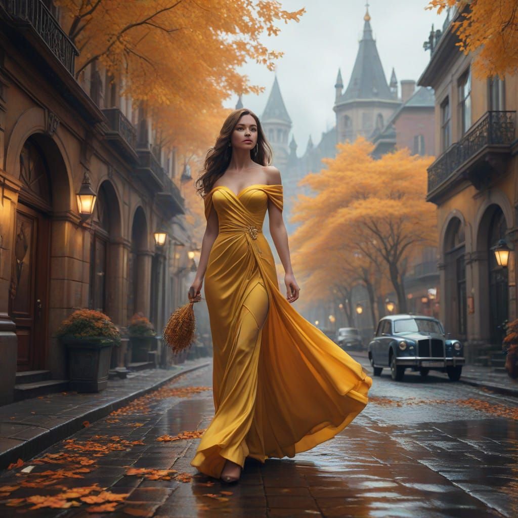 Elegant Woman Walks Rainy Autumn Street in Golden Gown