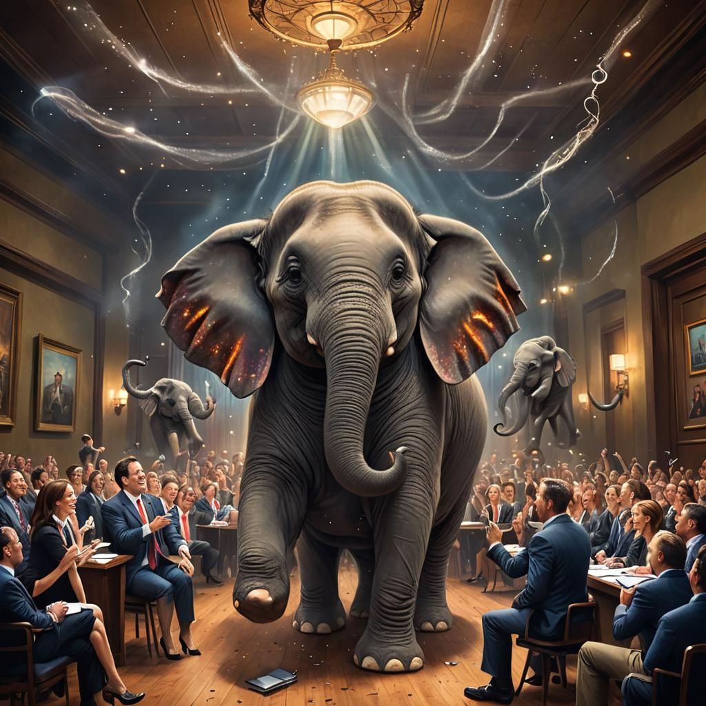Humorous Elephant Squeezed in Meeting Room: Watercolor Art