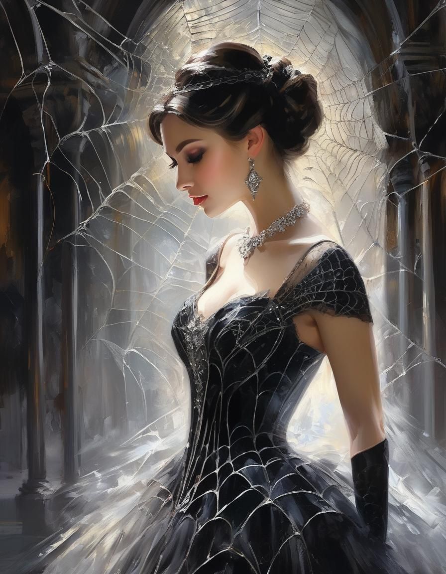 Gothic Spiderweb Figure in Moonlit Castle Corridor