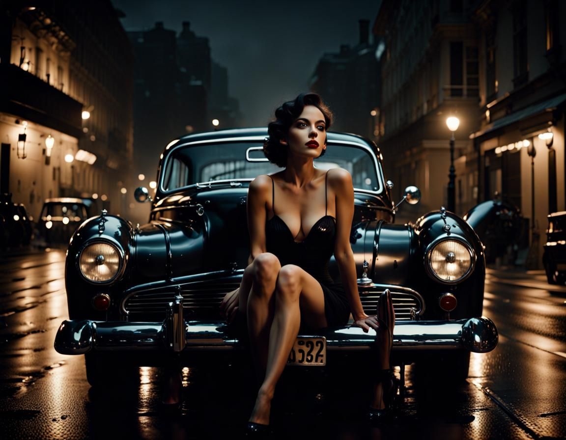 Film Noir Photograph of Woman in Retro Car