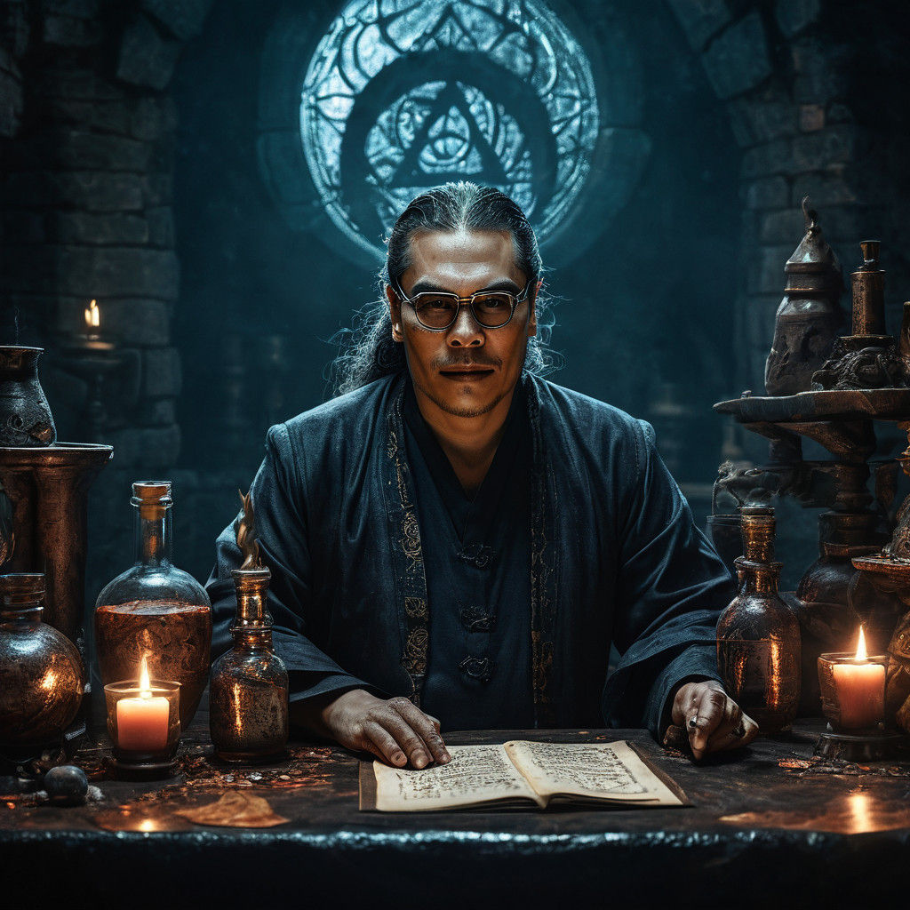 Mystical Wizard Prepares Potions in Illuminated Castle